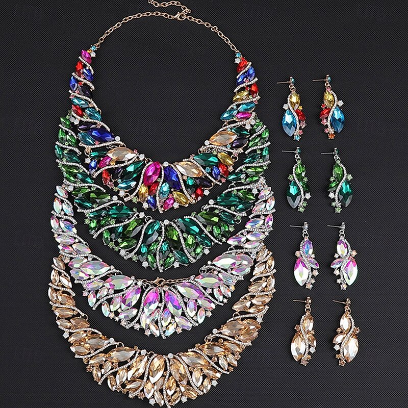 Jewelry Set Two-piece Suit Rhinestone Chrome Earrings Necklace Women's Elegant Vintage Fashion Vintage Style Classic Jewelry Set For Wedding Party Special Occasion