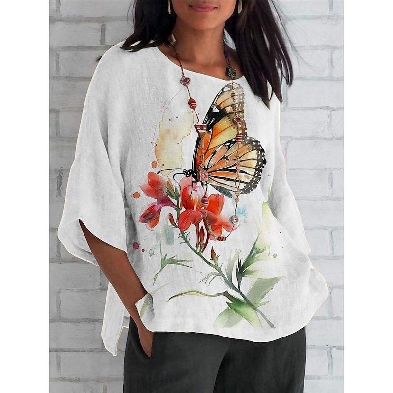 Women's Shirt Floral Daily Casual 3/4 Length Sleeve Crew Neck Regular Tops Daily Holiday Print White Pink Blue Khaki Summer Spring Fall3