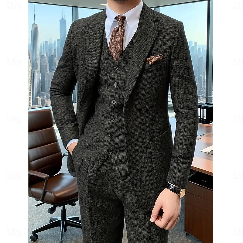 Men's Wedding Business Tweed Suits Notch Lapel Black Formal Solid Colored Tailored Fit 3 Piece Single Breasted Two-buttons