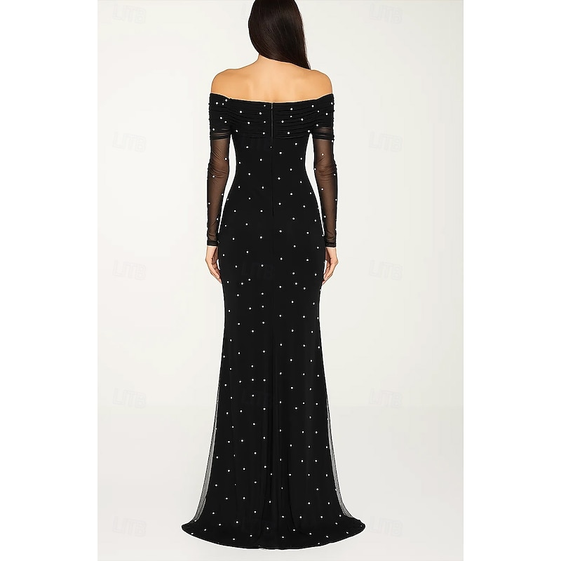 Black Tie Mesh Mermaid / Trumpet Evening Gown Pearls Elegant Dress Formal Wedding Sweep / Brush Train Long Sleeve Off Shoulder with Ruched 20253