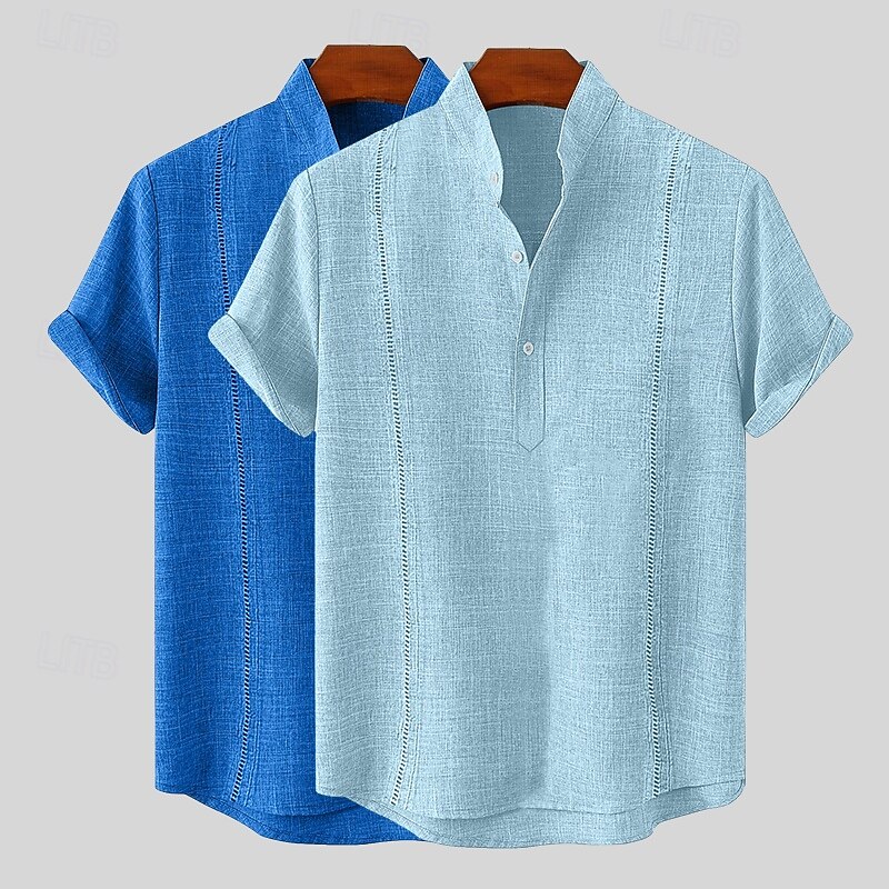 Men's Shirt Linen Shirt Guayabera Shirt Summer Shirt Beach Wear Solid Color Vacation Casual White+khaki White+Navy Blue Green+Khaki Blue+Khaki Short Sleeve Band Collar Summer Spring Clothing Apparel