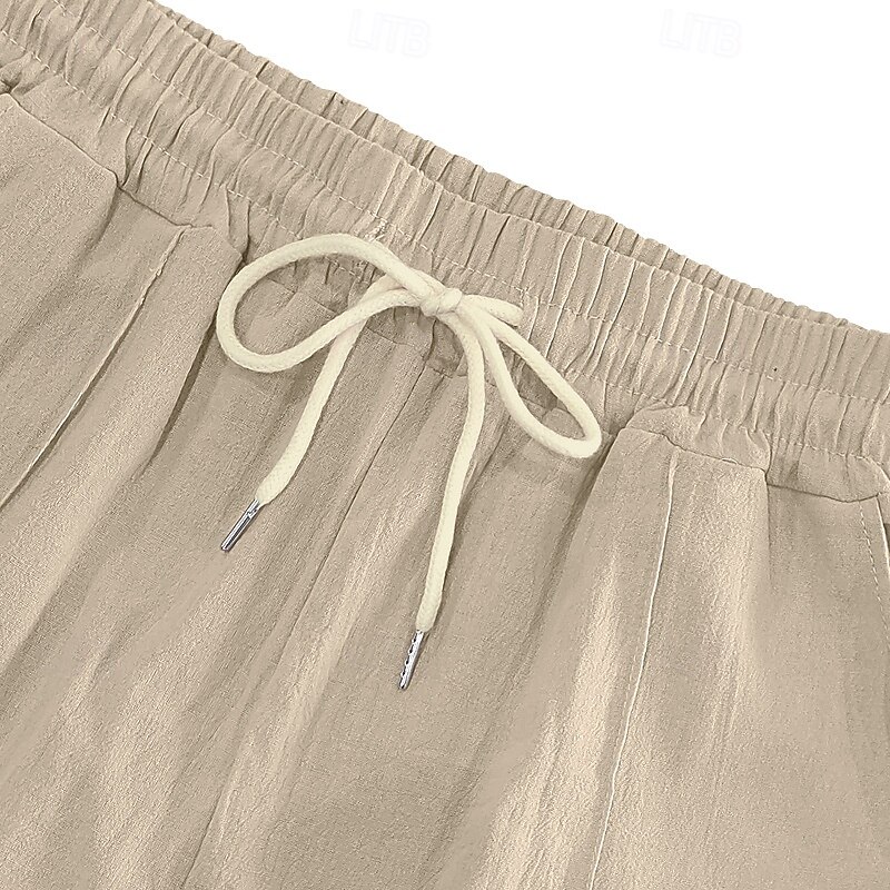 Men's Linen Pants Trousers Summer Pants Baggy Pants Drawstring Pleated Elastic Waist Plain Comfort Breathable Full Length Daily Holiday Beach Vacation Fashion Black White Inelastic4