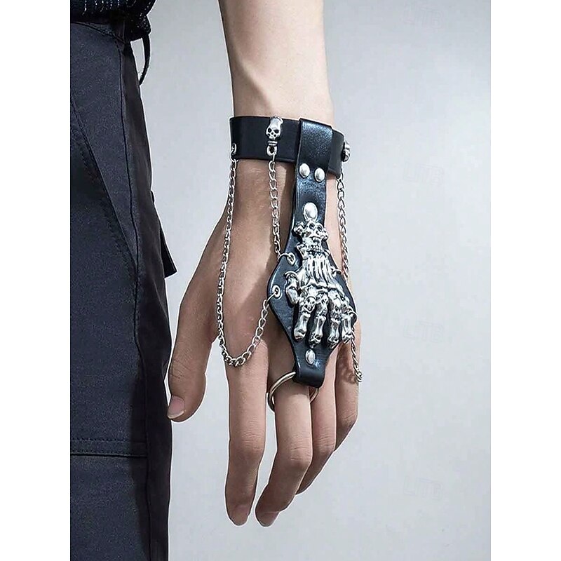 Men's Gothic Skull Hand Bracelet and Ring Set – Punk Style with Faux Leather, Alloy Chains, and Skull Detailing, Perfect for Halloween and Costume Parties3