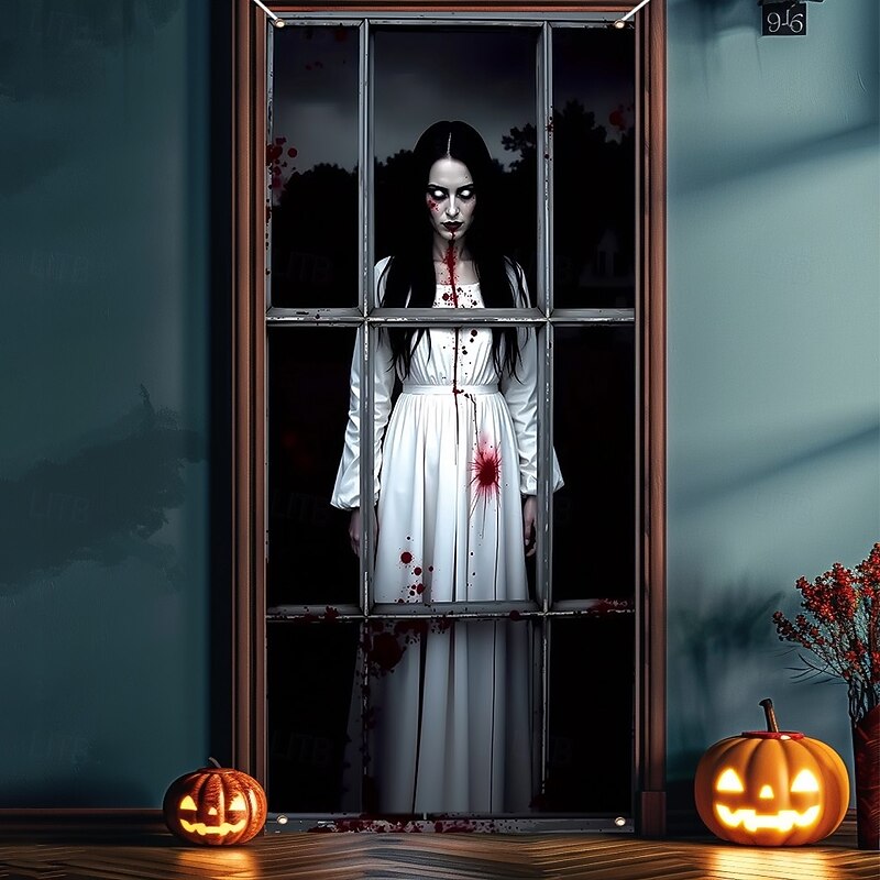 Halloween  Door Covers Scary Bloody Ghost Woman, 2025 Halloween Door Curtain Decoration Backdrop Door Banner for Front Door Farmhouse Holiday Party Indoor Outdoor Decor Supplies3