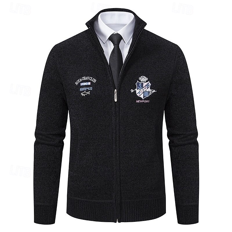 Men's Sweater Dress Sweater Cardigan Sweater Zip Sweater Knit Sweater Ribbed Knit Regular Tops Knitted Ribbed Plain Stand Collar Fashion Shawls Casual Daily Wear Clothing Apparel Spring Fall Black3