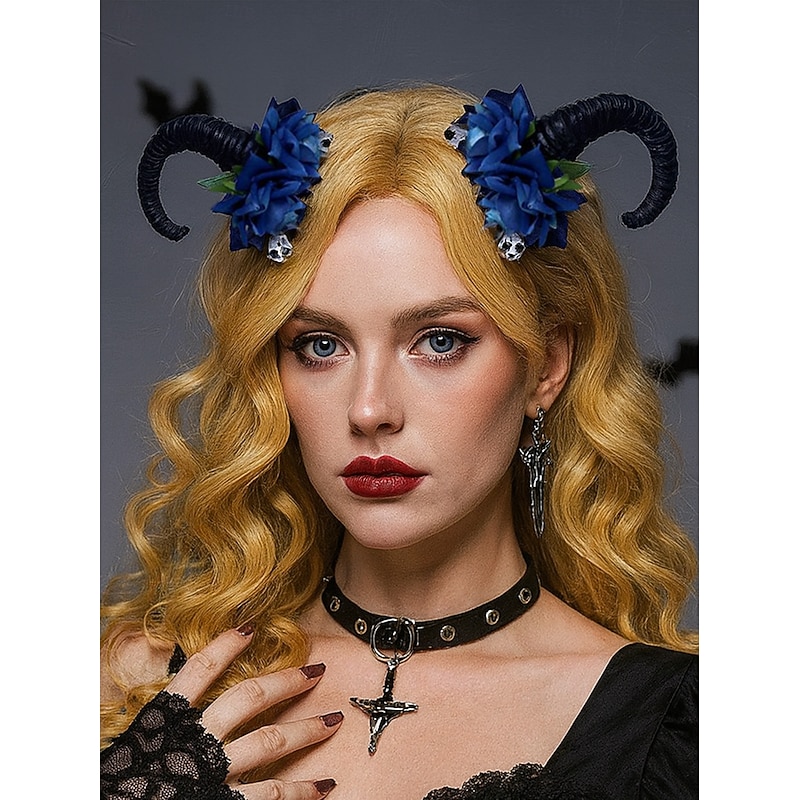 Women's Halloween Gothic Ram Horn Hair Clips - Black Curved Horns with Skull and Rose Accents, Cosplay Costume Headpiece for Witches, Vampires and Spooky Party Outfits2