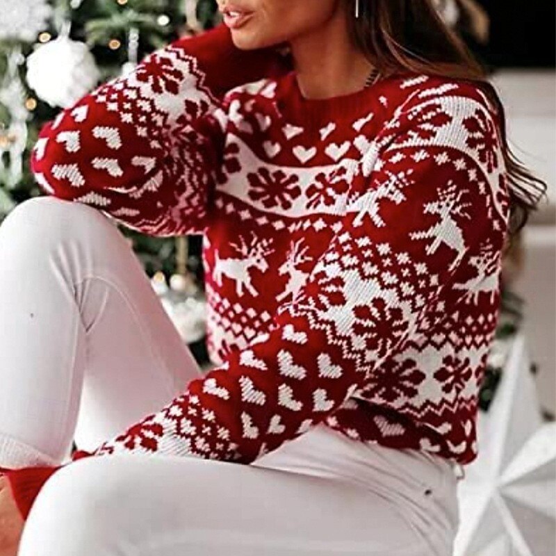 Women's Sweater Pullover Casual Heart Reindeer Snowflakes Ribbed Crew Neck Knitted Print Long Sleeve Regular Tops Knit Christmas Daily Holiday Wine Winter