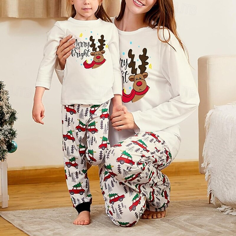 Family Pajamas Christmas Pattern Home Print White Long Sleeve Active Matching Outfits4