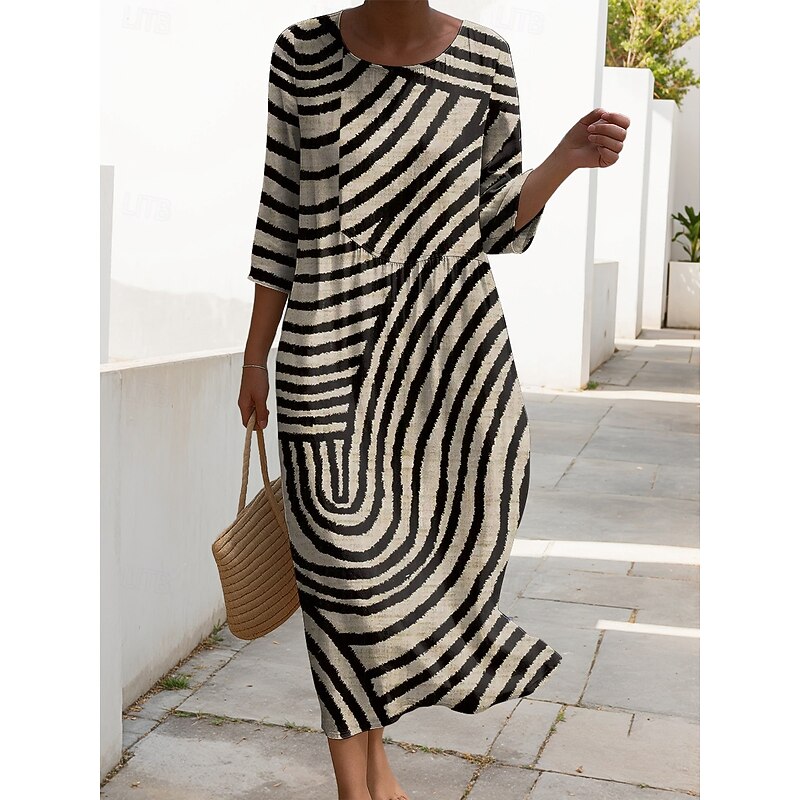 Women's Maxi Dress Kaftan 3/4 Length Sleeve Crew Neck Casual Shift Dress A Line Dress Dress Boho Daily Holiday Date Graphic Geometric Red Light Brown Blue Beige Spring3