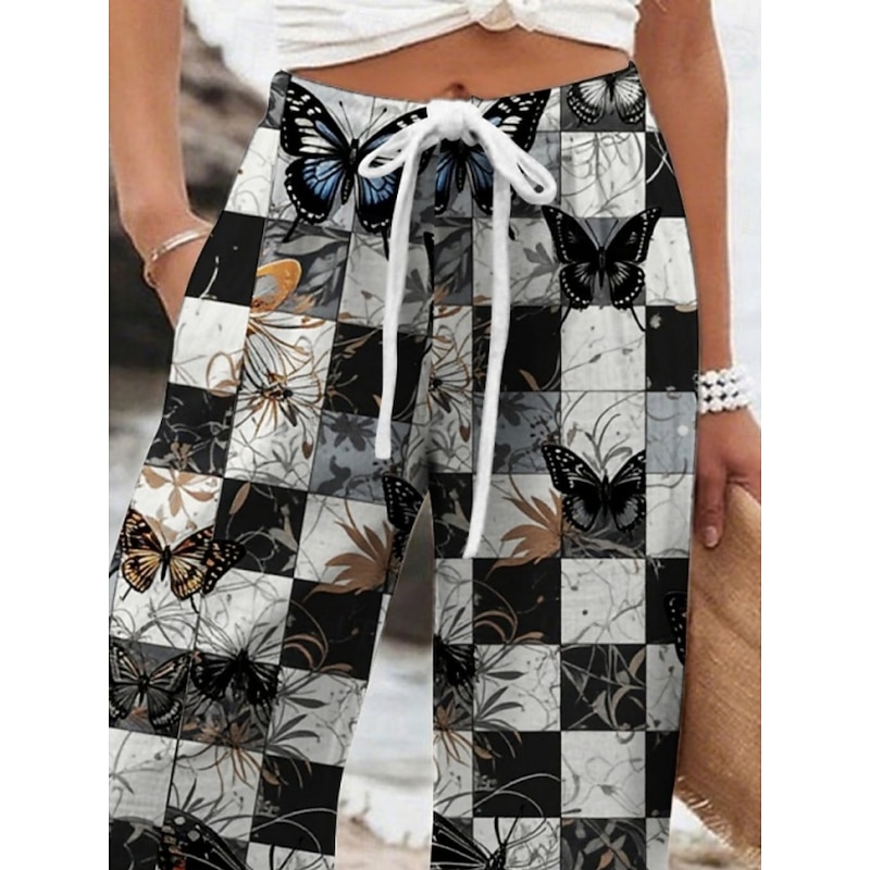 Women's Wide Leg Pants Trousers Vacation Casual Long High Waist Plaid Butterfly Elastic Waist Printing High Cut Breathability Soft Micro-elastic Vacation Street Daily Wear Black Spring Fall Regular2