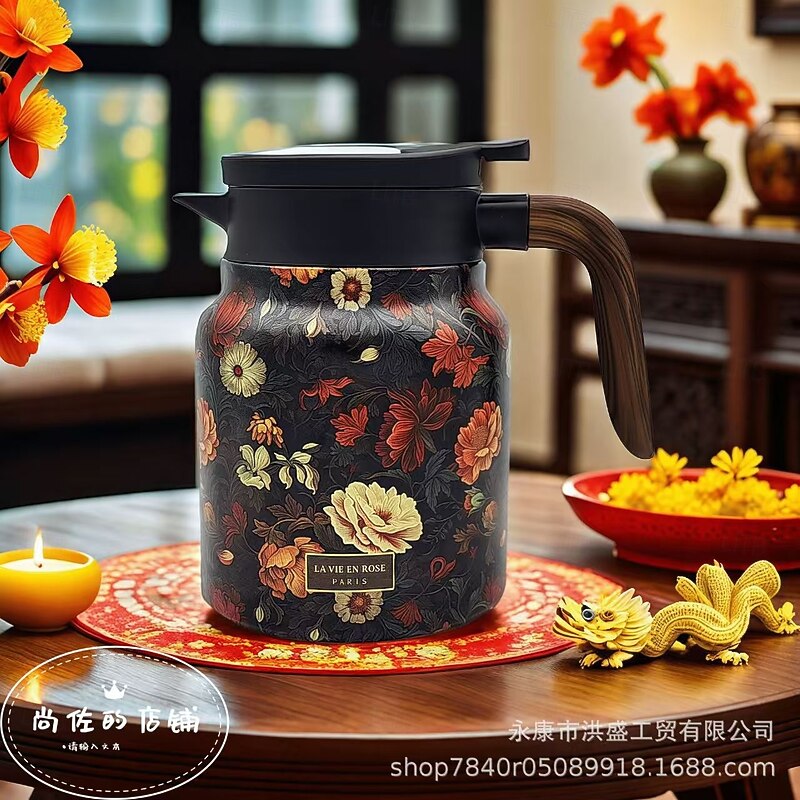 Vintage Floral Pattern Tea Thermos 316 Stainless Steel Insulated Teapot Large Capacity Hot Water Pot With Tea Separation Design Household Simple Style Thermal Kettle4