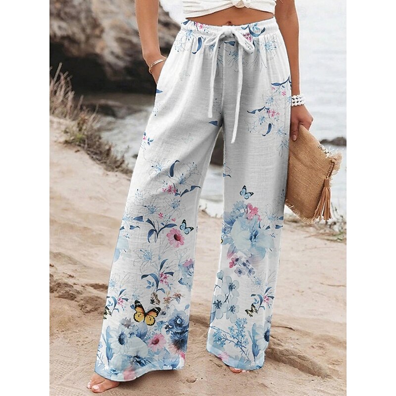 Women's Wide Leg Pants Trousers Vacation Casual Long High Waist Floral Elastic Waist Printing High Cut Breathability Soft Micro-elastic Vacation Street Daily Wear Yellow Blue Green Spring Fall3