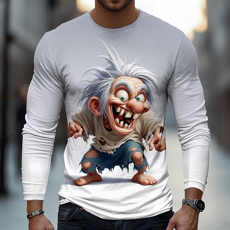 Men's 3D Old Man T Shirt Long Sleeve T shirt 3D Print Crew Neck Shirt Fashion Basic Street Casual Daily Light Brown Khaki Dark Gray Summer Spring Clothing Apparel S M L XL XXL XXXL2