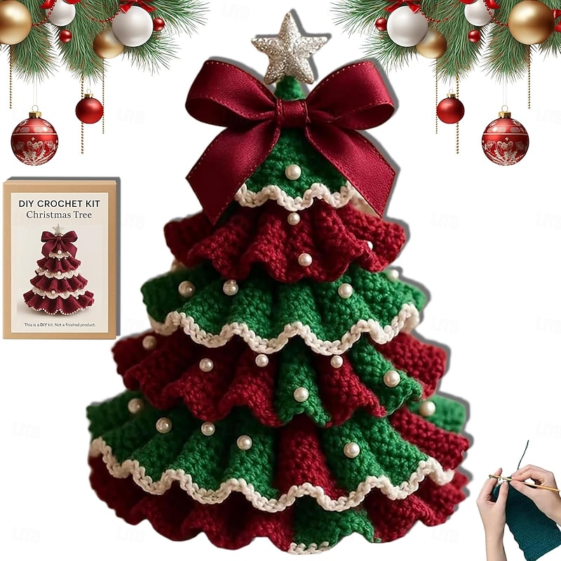 DIY Crochet Christmas Tree Kit Beginner Christmas Kit Tree Bow Pearl Embellishment Christmas Party Crochet Decorations Handmade Holiday Decoration Set for Crafts Lovers3