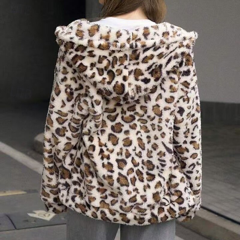 Women's Double Fuzzy Jacket Thick Warm Zip Up Long Sleeve Sports Leopard Top For Outdoor Travel Vacation Activewear2