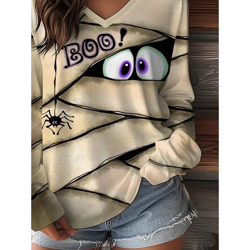 Halloween Women's T shirt Monster Graphic Pumpkin Vintage Stylish Classic Long Sleeve V Neck Regular Tops Daily Weekend Print Orange Khaki Fall Winter3