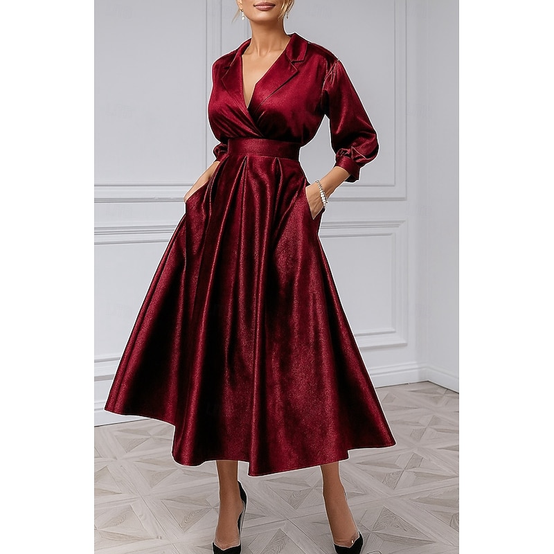 Velvet Burgundy Blue A-Line Mother of the Bride Cocktail Dresses Elegant Dress Formal Wedding Ankle Length Long Sleeve Lapel Pocket Velvet with Pocket