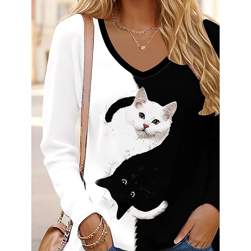 Women's T shirt Long Sleeve Graphic Animal Cat Vintage Stylish Classic Long Sleeve V Neck Regular Tops Daily Print Black Spring Fall Prefall3