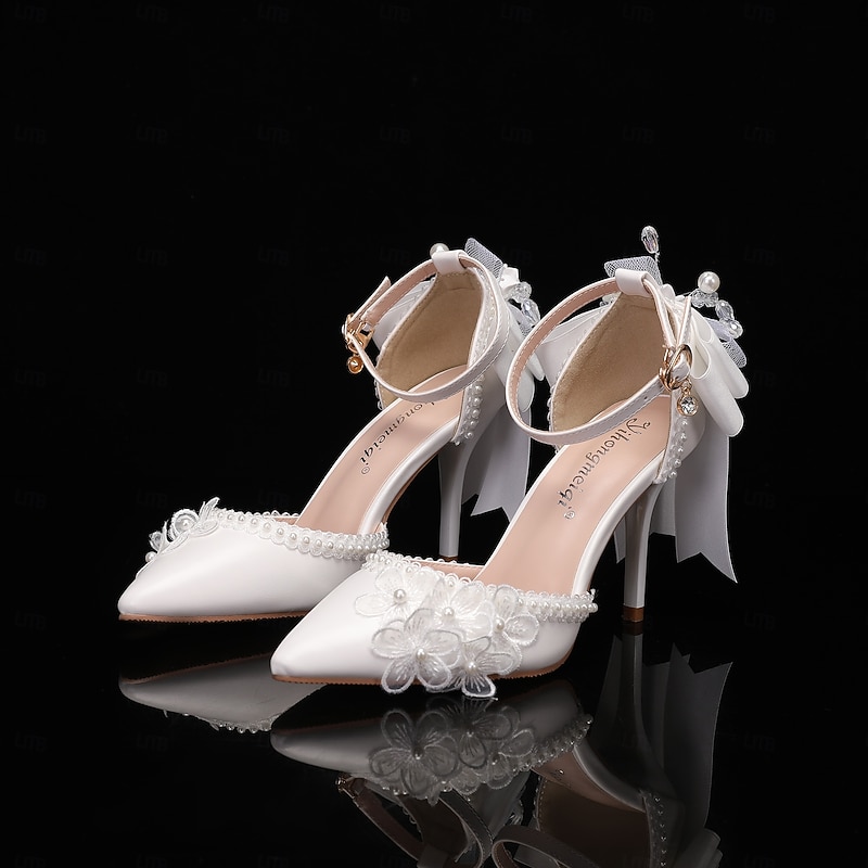 Women's Wedding Shoes White Shoes Dress Shoes Wedding Party Floral Wedding Heels Bridal Shoes Bridesmaid Shoes Bowknot Buckle Flower Stiletto Pointed Toe Fashion PU Buckle White3