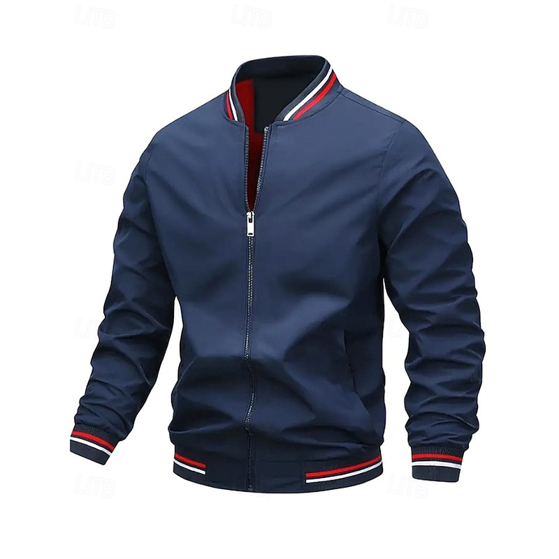 Men's Lightweight Jacket Casual Jacket Vacation Daily Breathable Patchwork Pocket Spring Fall Stripe Fashion Classic Stand Collar Regular Black White Wine Navy Blue Khaki Jacket