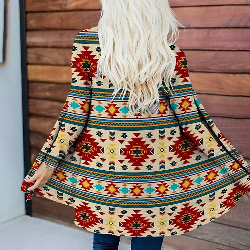 Women's Casual Jacket Warm Comfortable Irregular Hem Open Front Elegant Vintage Fashion Modern Geometric Street Casual Athleisure Daily Long Collarless Loose Fit Long Sleeve Outerwear Red Blue Brown