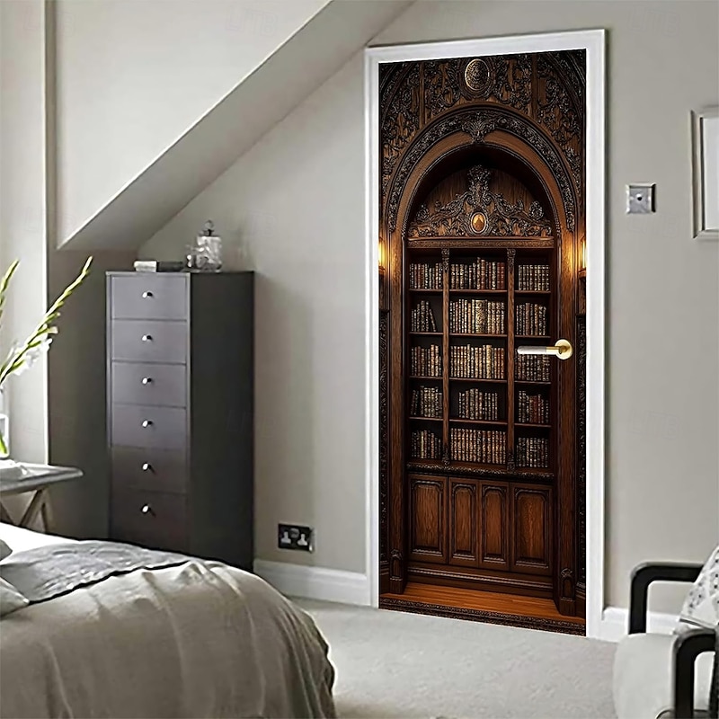 Door Cover Outdoor Banners Bookshelf Library 3D Dark Academia Bedroom Living Room Front Door Home Decor3