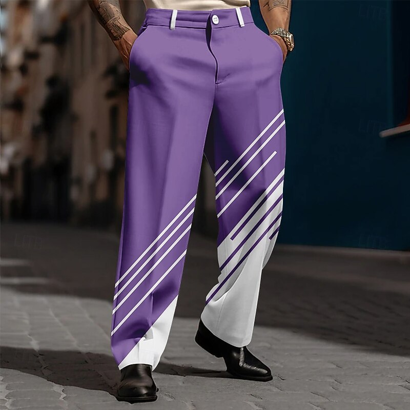 Men's Geometric Striped Dress Pants Trousers Suit Pants Mid Waist Casual Dailywear Holiday Relaxed Fit Flat Front Dress Pants with Side Pockets Spring Fall 3D Print Black Pink Blue3