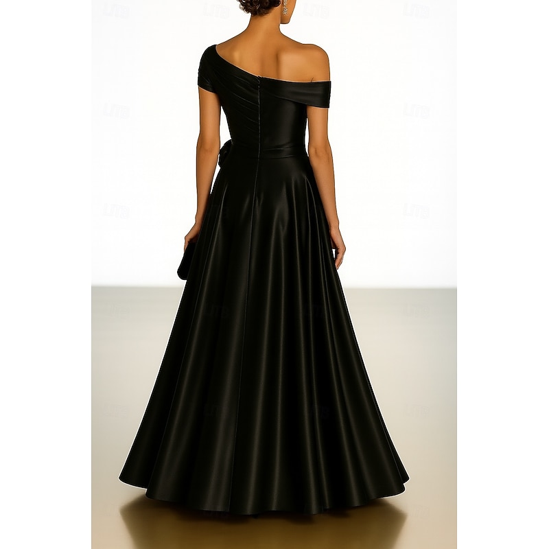 Black A-Line Evening Gown Elegant Dress Formal Wedding Floor Length Short Sleeve One Shoulder Stretch Satin with Pleats 20253