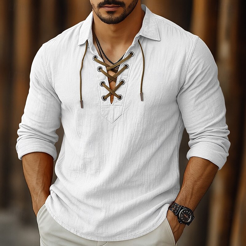Men's Shirt Linen Shirt Viking Style Summer Shirt Beach Wear Solid Color Vacation Street White Orange Green Light Blue Long Sleeve Turndown Clothing Apparel Lace up2