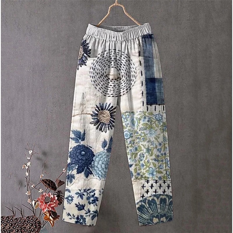 Women's Wide Leg Chinos Slacks Vacation Vintage Ethnic Style Full Length High Waist Floral Graphic Bird Pocket Comfy Breathability Lightweight Inelastic Outdoor Vacation Causal White Yellow Dusty Blue3