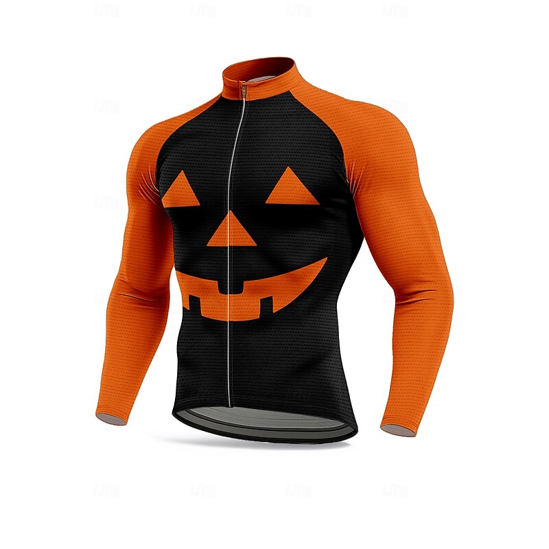 Men's Men Tops Cycling Jersey Graphic Halloween Halloween pumpkin Long Sleeve Bike Jersey Top with 3 Rear Pockets Sun Sun Protection Sunscreen Quick Dry Sports Orange Clothing Apparel