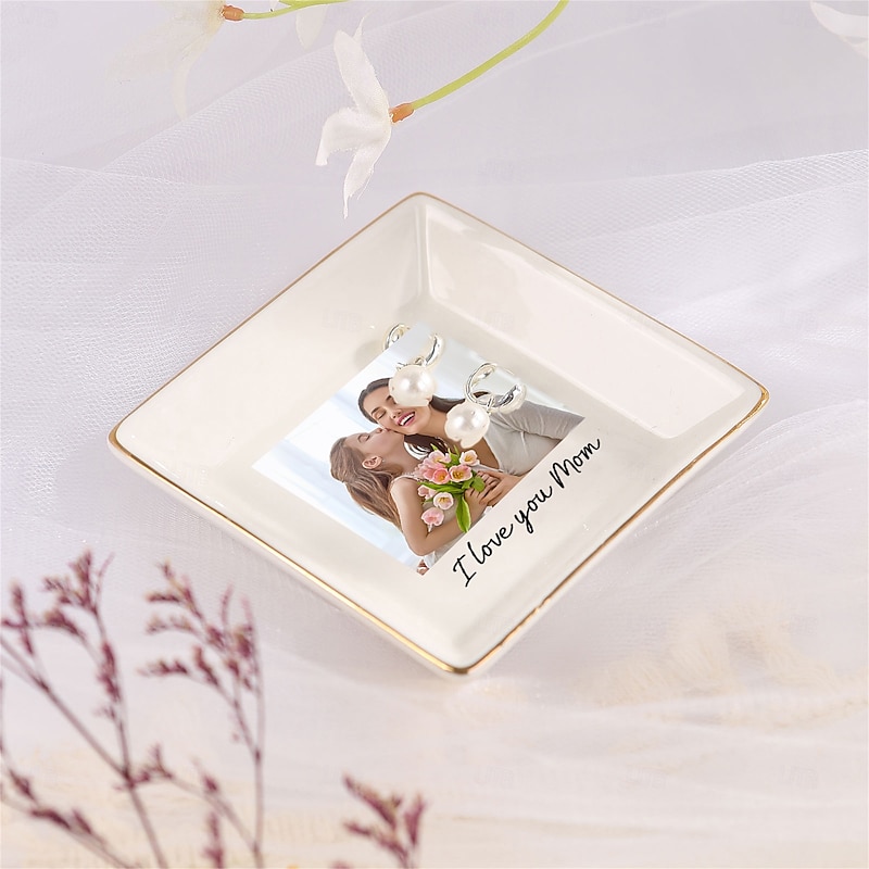 Personalized Photo Jewelry Dish Custom Ceramic Jewelry Tray Christmas Gift for Women Square Trinket Dish, Jewelry Holder for Rings Earrings Necklace4