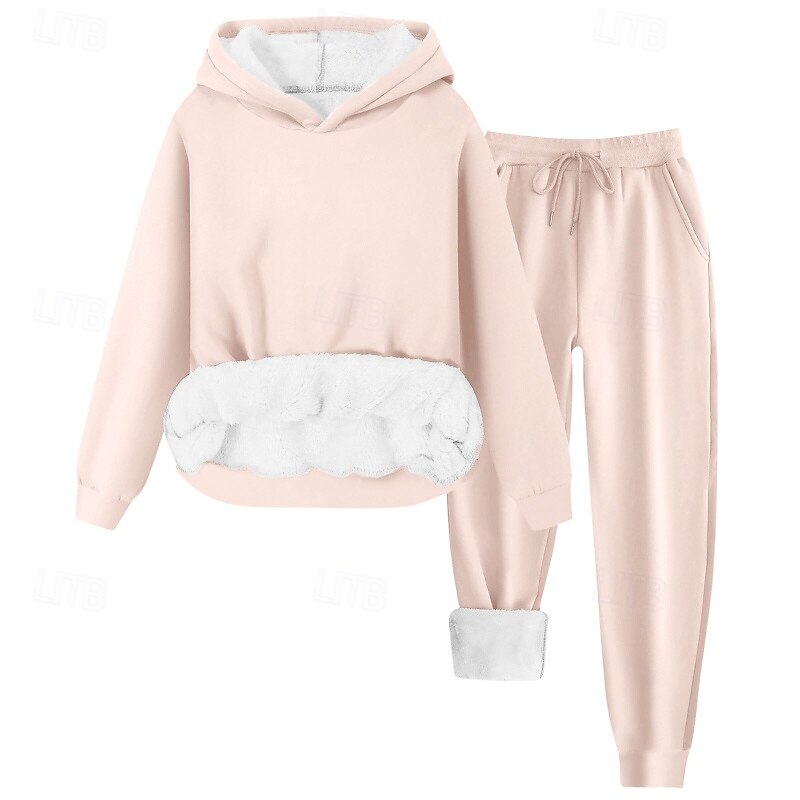 Women's Fleece Lined Pullover Sweatshirt Pajamas Active Blouse Hoodie Pants Sets Long Sleeve Hooded Solid Color Drawstring Daily Wear Casual Daily Black Yellow Light Green Winter Regular Fit4