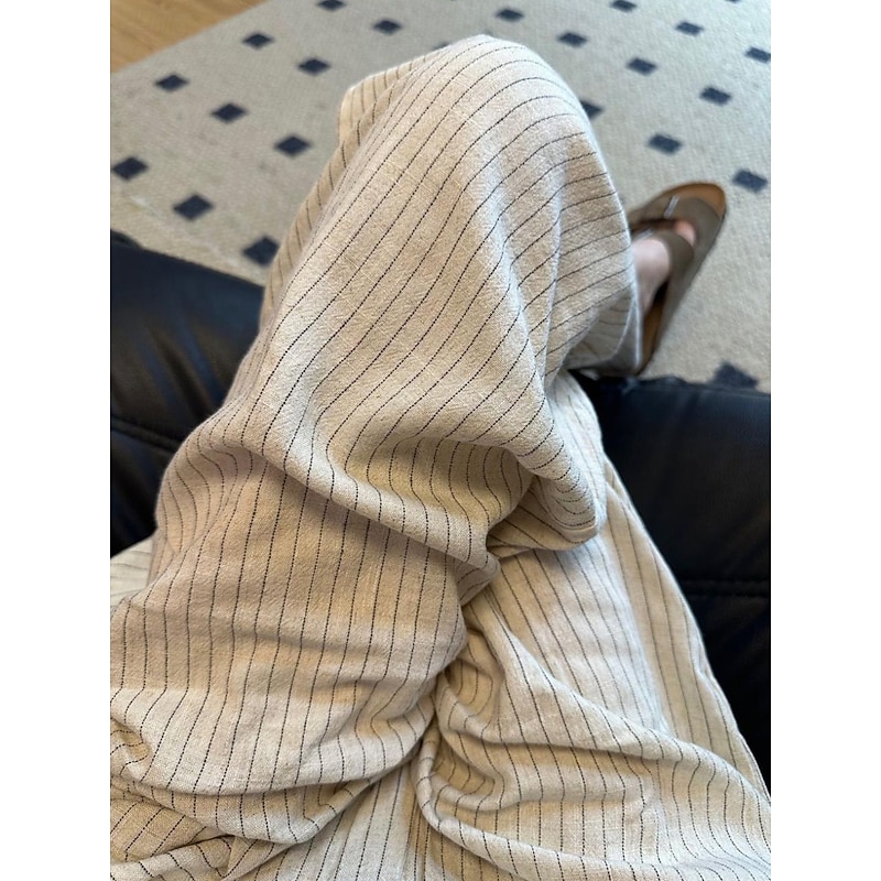 Women's Linen BLend Pants Trousers Vacation Vintage Ethnic Style Full Length Mid Waist Striped Elastic Waistband Comfy Breathability Soft Inelastic Vacation Home  Beige Summer Spring Fall Loose Fit3
