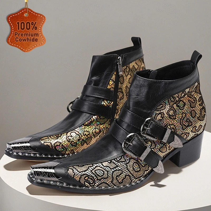 Men's Black and Gold Jacquard Buckle Boots – Vintage Gothic Faux Leather Ankle Shoes for Party, Concerts and Fashion Outfits