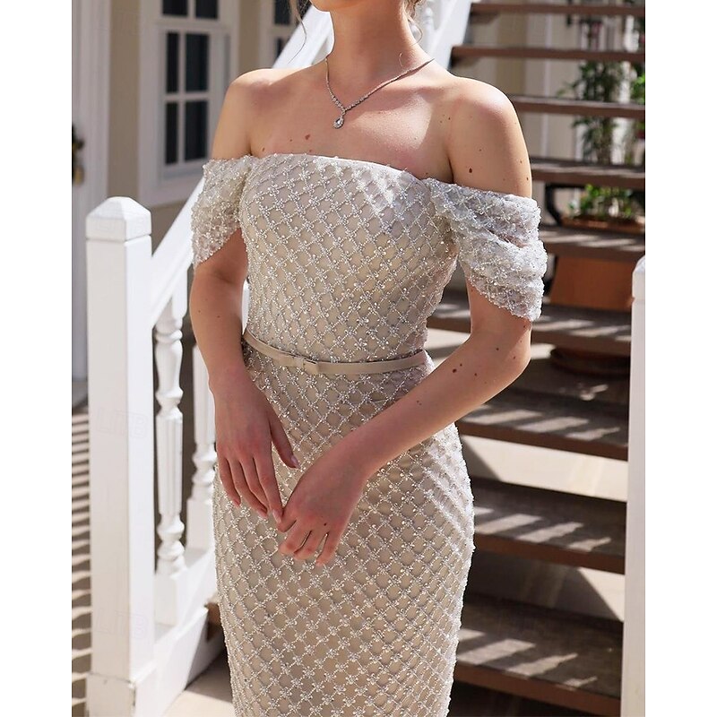 Beaded Lace Applique Sheath / Column Cocktail Dresses Detachable Sleeve Elegant Dress Formal Wedding Tea Length Sleeveless Off Shoulder Lace with Sequin 20252
