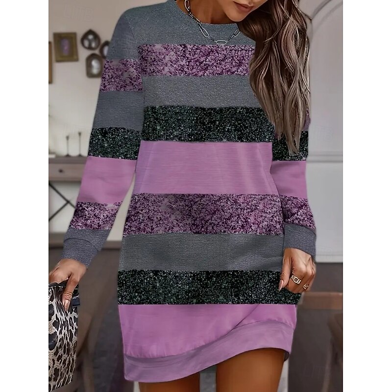 Women's Sweatshirt Dress Mini Dress Shift Dress Vacation Casual Daily Sports Holiday Regular Fit Geometric Color Block Long Sleeve Crew Neck Pink Purple Fall Winter3