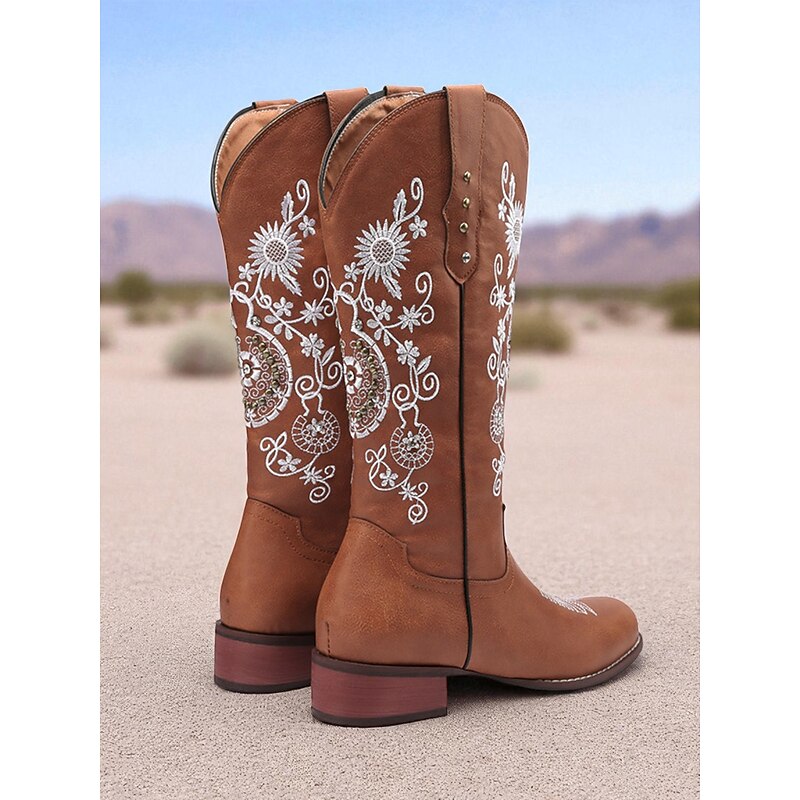 Women's Brown Western Cowboy Boots with White Floral Embroidery, Square Toe and Comfortable Low Heel for Casual Country Wear3