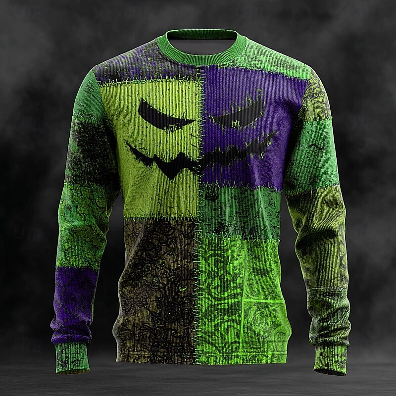 Halloween Men's Color Block Pullover Sweater Jumper Knitwear Crewneck Casual Vacation Daily Festival 3D Print Keep Warm Long Sleeve Spring Fall Winter Blue Brown Green3