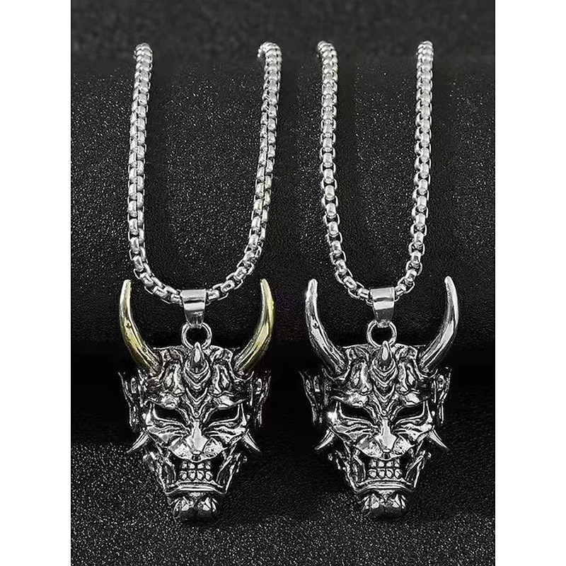 Men's Halloween Demon Mask Pendant Necklace - Gothic Samurai Ghost Alloy Bar Jewelry for Party, Cosplay and Streetwear