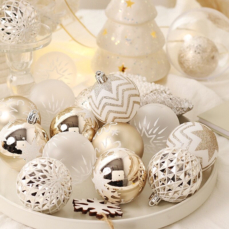 16 pcs Christmas Tree Balls Baubles Ornaments, 6 cm/2.36 inch Xmas Decoration, Champagne Gold & White Hanging Set, Home Party Tree Decor4