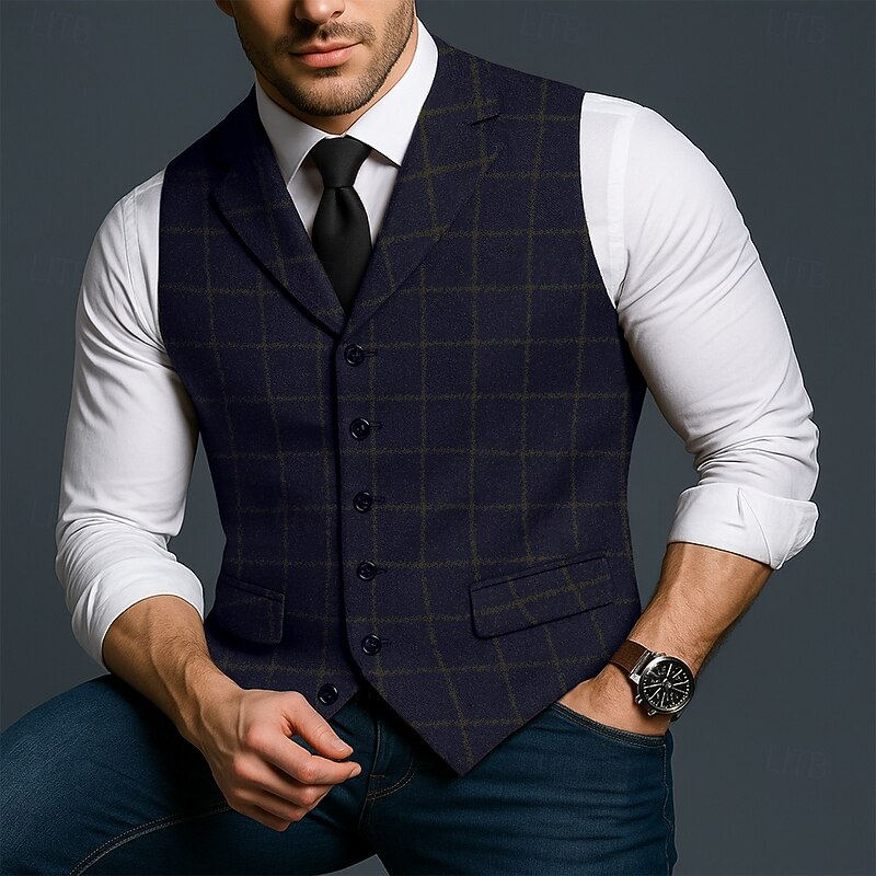 Men's Vest Waistcoat Formal Wedding Vacation Daily Fashion Classic Spring Fall Pocket Buttons Polyester Tweed Comfortable Plaid Single Breasted Notch lapel collar Slim Fit Black Navy Blue Brown Coffee4