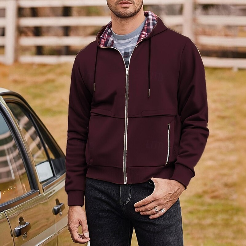 Men's Hoodie Full Zip Hoodie Black Wine Brown Light Grey Hooded Plaid Zip Up Pocket Sports & Outdoor Daily Holiday Polyester Streetwear Basic Casual Spring Fall Clothing Apparel Hoodies Sweatshirts4