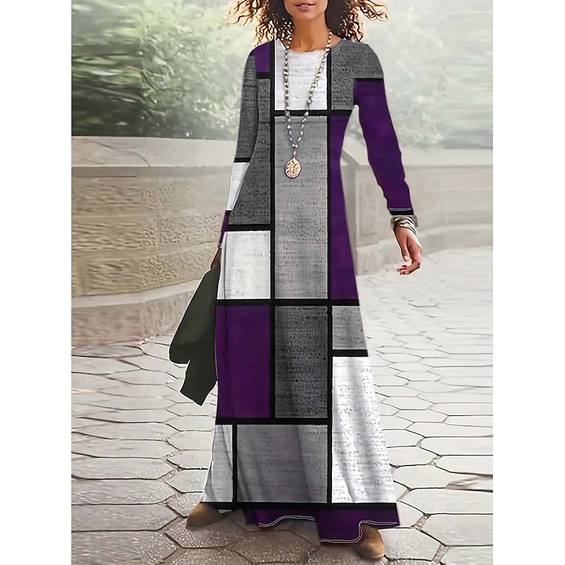 Women's Maxi Dress Shift Dress A Line Dress Fit And Flare Dress Party Casual Formal Daily Date Going out Regular Fit Tie Dye Abstract Long Sleeve Crew Neck Red Blue Purple Green Spring Fall Winter3