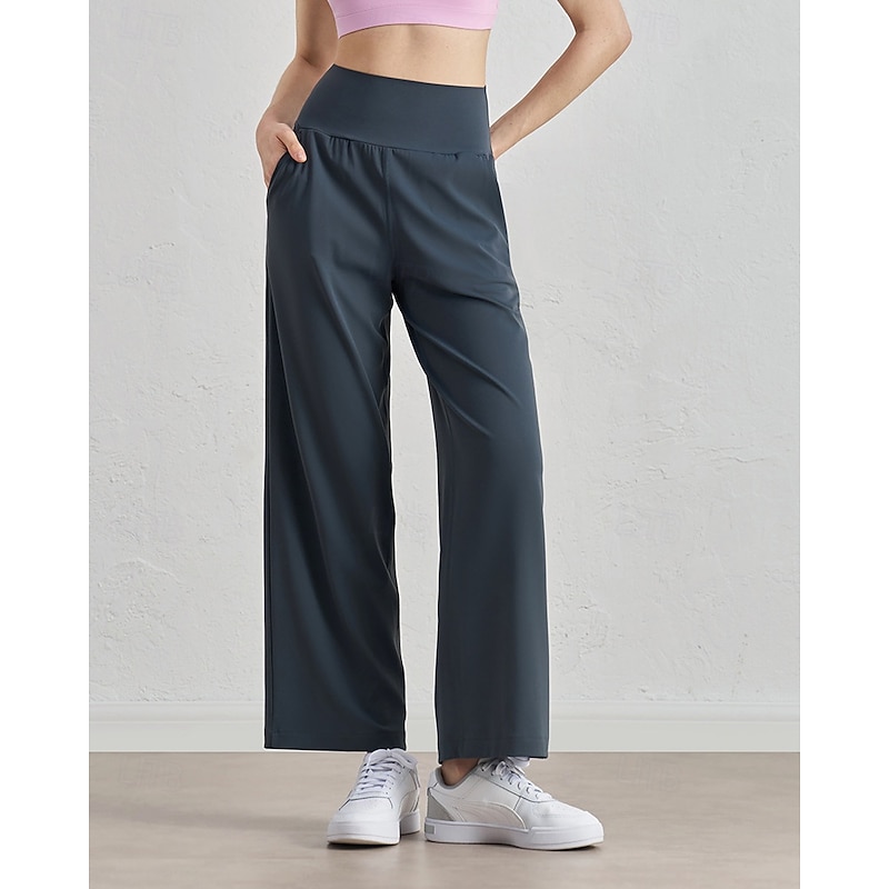 Women's Wide Leg Slacks Streetwear Casual Full Length Natural Plain Pocket Elastic Waist Comfortable Holiday Daily Wear Weekend Dark-Gray Navy Black Blue Fall Regular Fit