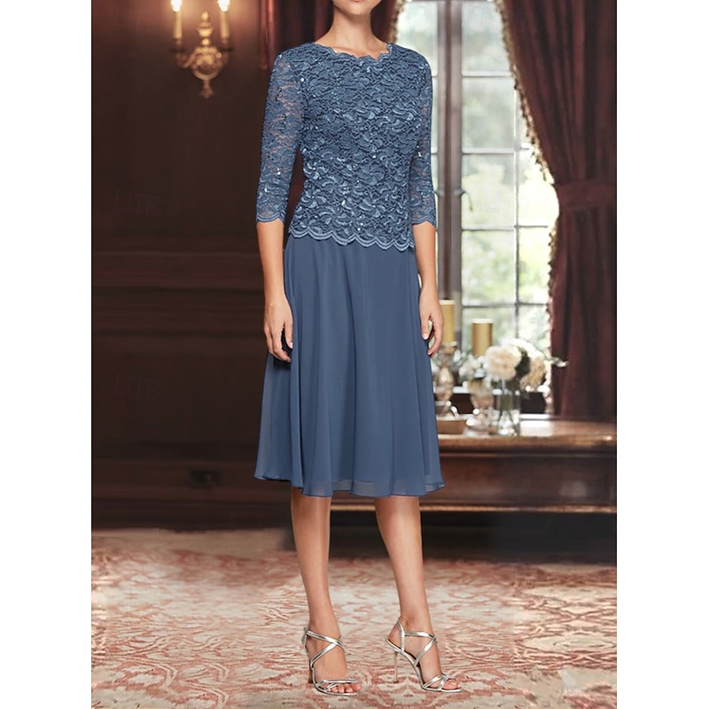 A-Line Mother of the Bride Dress Elegant Simple Minimalist Boat Neck Knee Length Chiffon Lace 3/4 Length Sleeve with Lace Sequin Embroidery