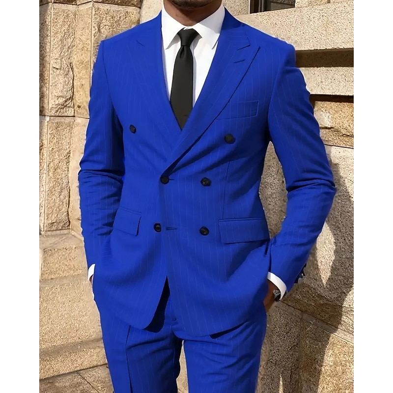 Men's Blazer Suits Business Cocktail Party Wedding Party Fashion Casual Spring Fall Polyester Stripes Pocket 2 Piece Comfortable Double Breasted Blazer Black Yellow Blue2
