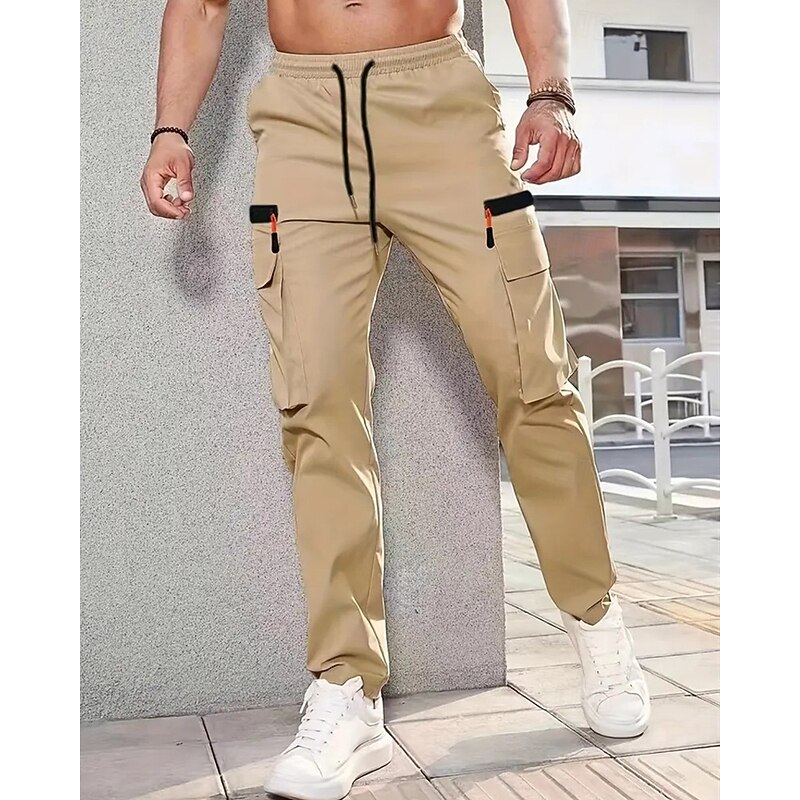 Men's Cargo Pants Trousers Drawstring Pocket Elastic Waist Plain Comfort Sports Outdoor Daily Fashion Casual Black Khaki Micro-elastic