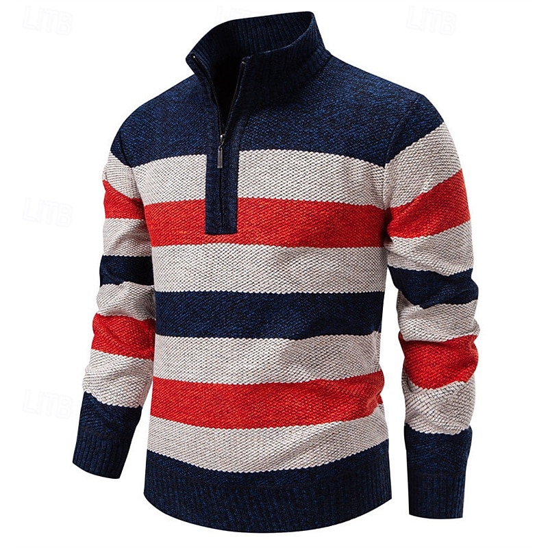 Men's Pullover Sweater Jumper Knit Sweater Ribbed Knit Regular Tops Knitted Stripe Quarter Zip Fashion Basic Vacation Daily Wear Clothing Apparel Fall Winter Navy Blue Green S M L
