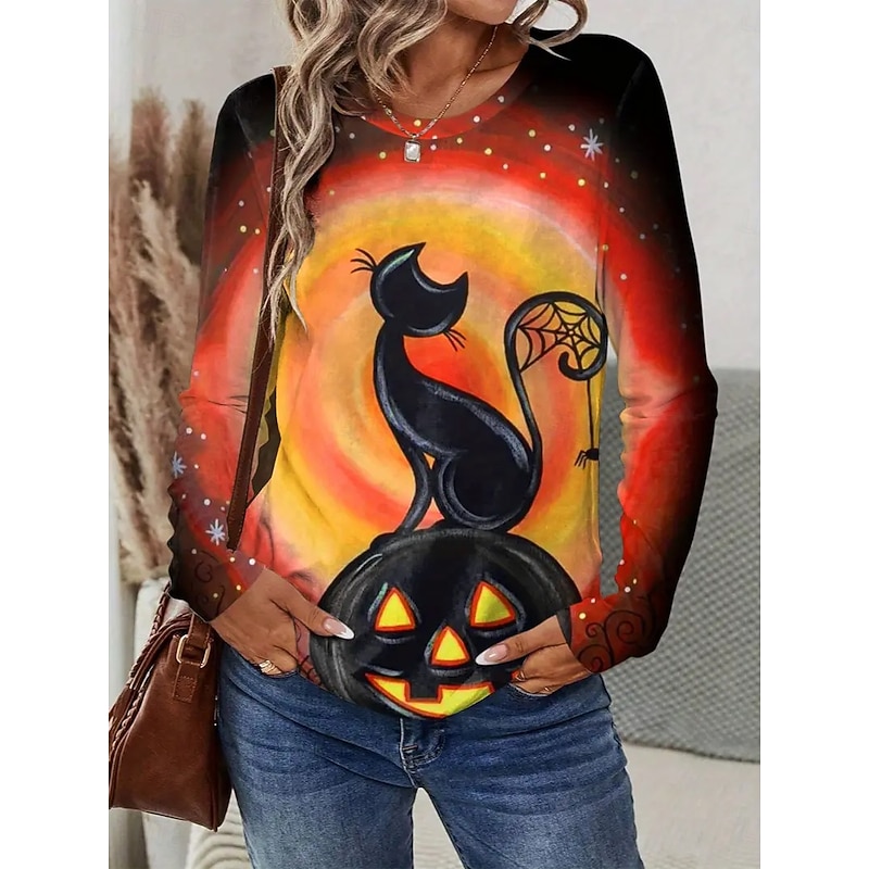 Halloween Women's T shirt Black Cat Long Sleeve Crew Neck Long Sleeve Tunic Graphic Animal Cat Vintage Stylish Round Neck Regular Tops Daily Weekend Print Orange Fall Prefall